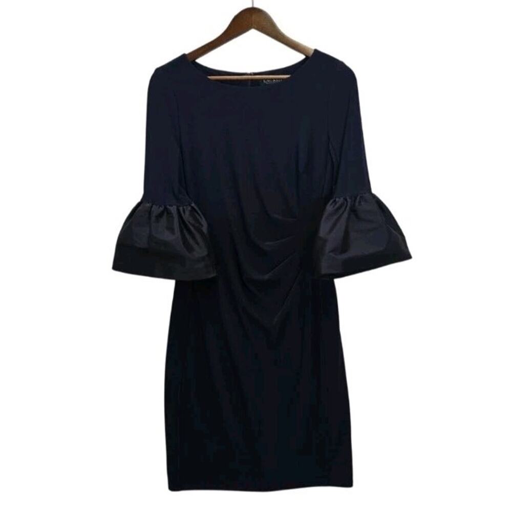Lauren Ralph Lauren Navy Ruched Sheath Cocktail Dress 8 Konatta Bell Sleeve